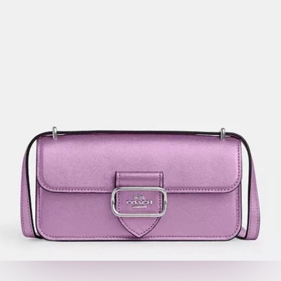 COACH Morgan Crossbody Bag Metallic Leather Silver/Metallic Lilac Pink - Picture 1 of 12